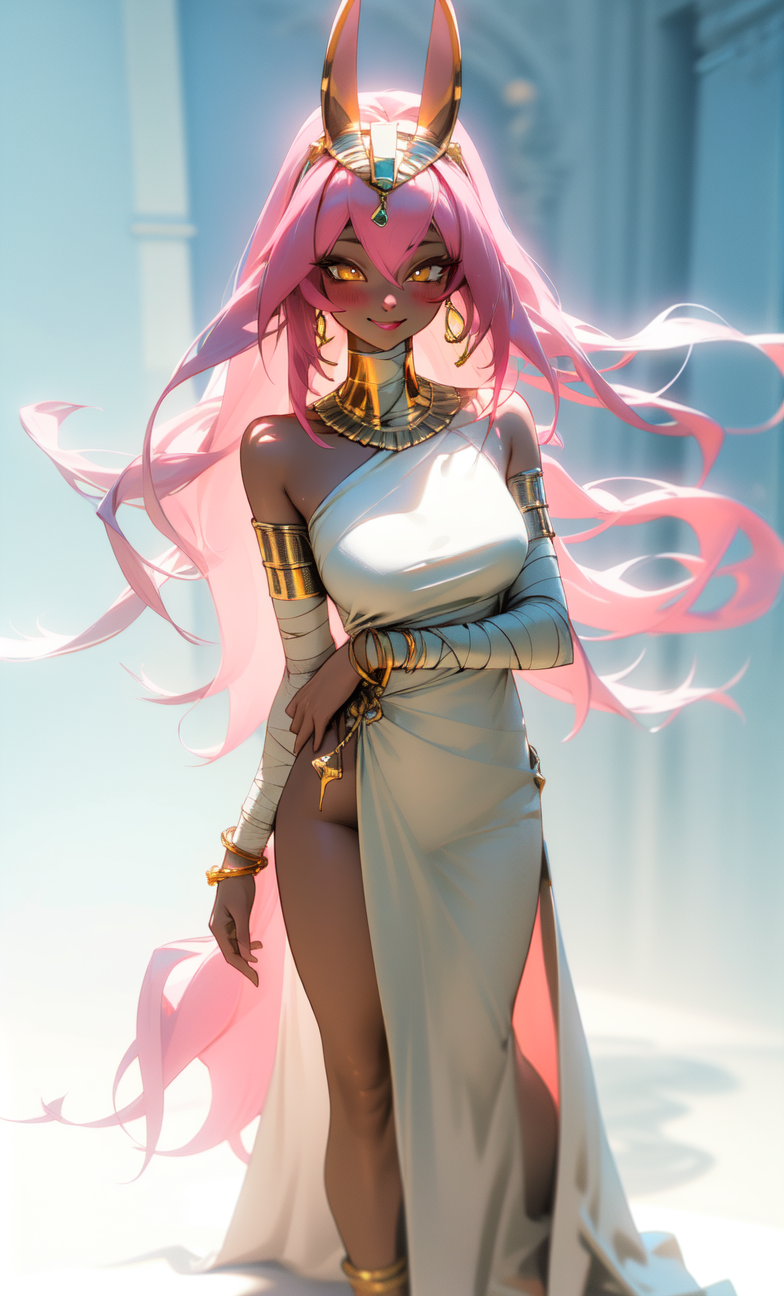00231-3657476387-long Pink hair, yellow eyes,Doberman ears, Egypt, wrapped in bandages ,brown skin, sweet cute smiling face,blushing,flowing hair.png